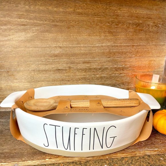 Rae Dunn Accessories - NEW - Rae Dunn - STUFFING - Oval Baker Dish with Sandstone bottom & wooden Spoon